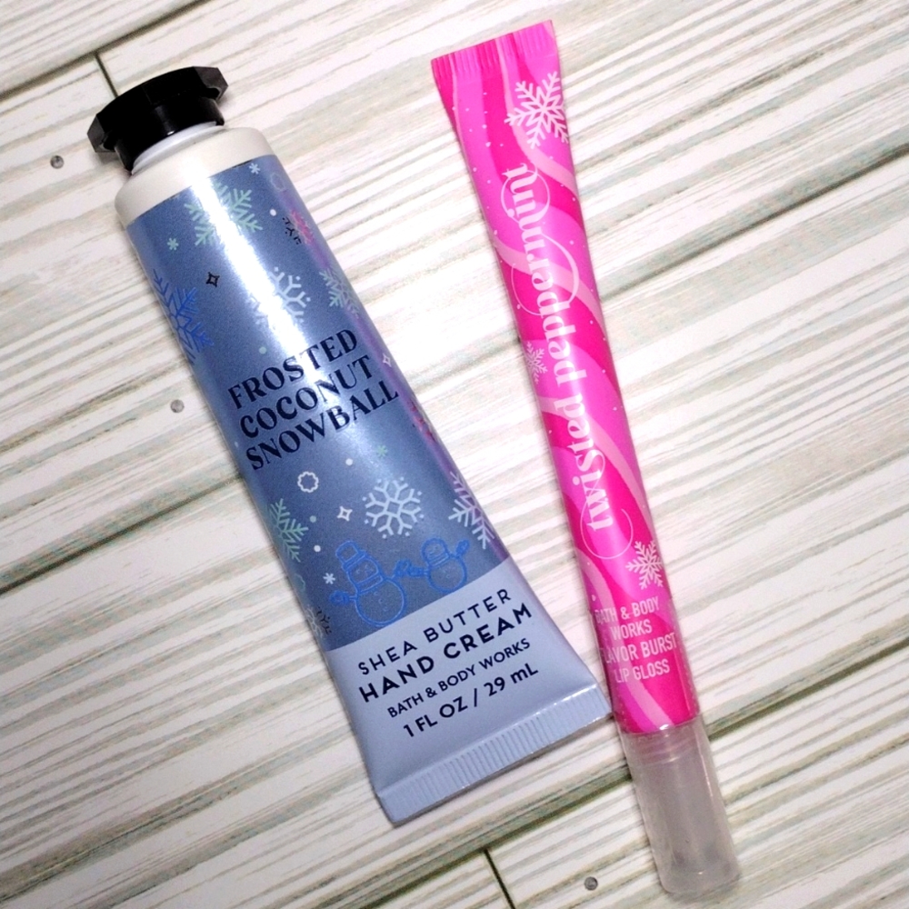 Bath & Body Works Frosted Coconut Snowball Hand Cream & Twisted Peppermint Gloss
